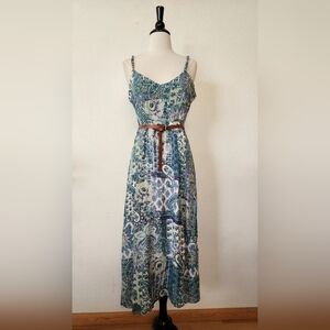 Boho Floral Printed Blue-Green Maxi Dress with Belt